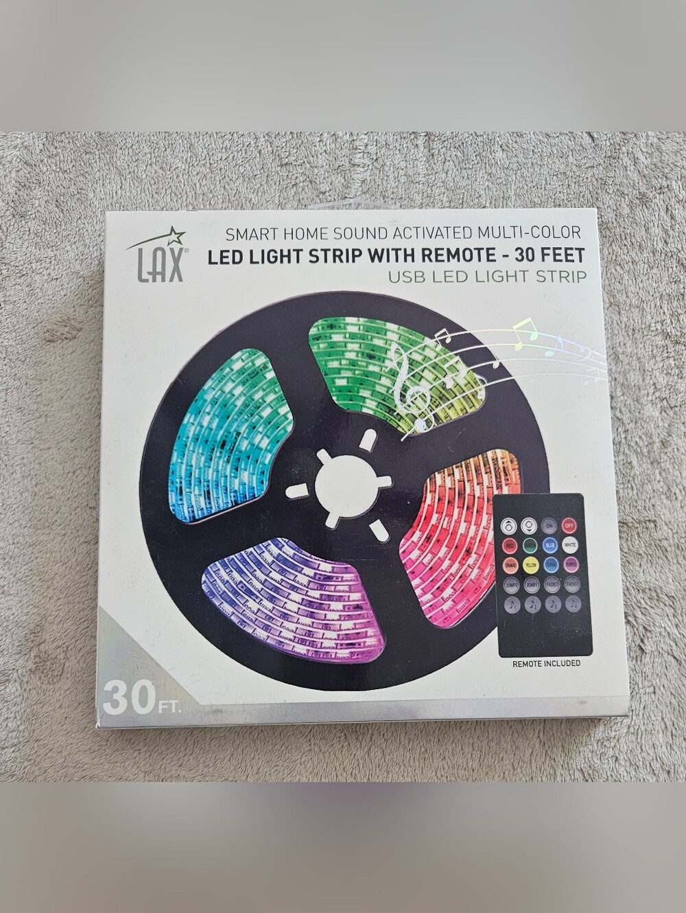 LAX LED Multi-Color Light Strip, Sound Activated with Remote, 30ft